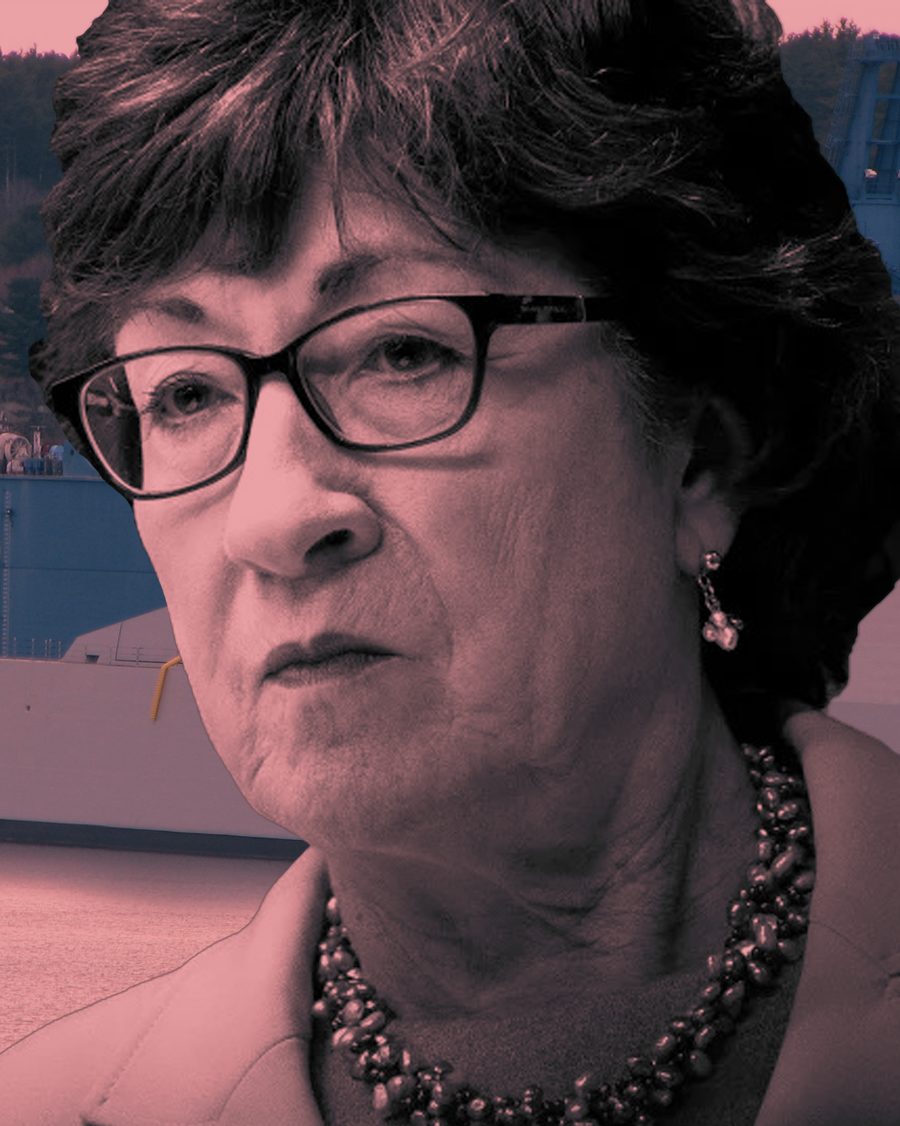 Susan Collins in front of Bath Iron Works